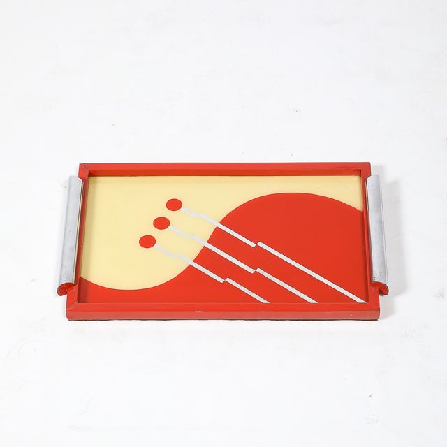 Art Deco Eglomise Graphic Geometric Detailed Tray in Vermillion Red & Yellow For Sale - Image 12 of 17