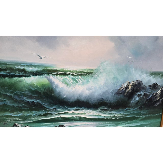 1970s Vintage Mid Century Oil on Canvas Picture Painting Ocean Wave Crashing by Gavin For Sale - Image 5 of 18