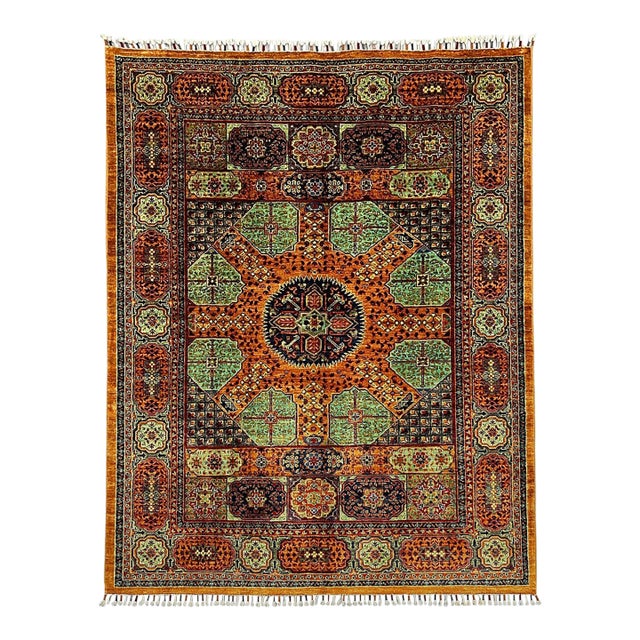 Orange and Teal Mamluk Style Natural Dye Wool Rug - 5'3" X 6'11" For Sale