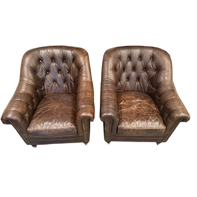 Restoration Hardware Distressed Leather Club Chair – Tufted English Library Lounge Chair With Rolled Arms & Brass Casters For Sale - Image 12 of 17