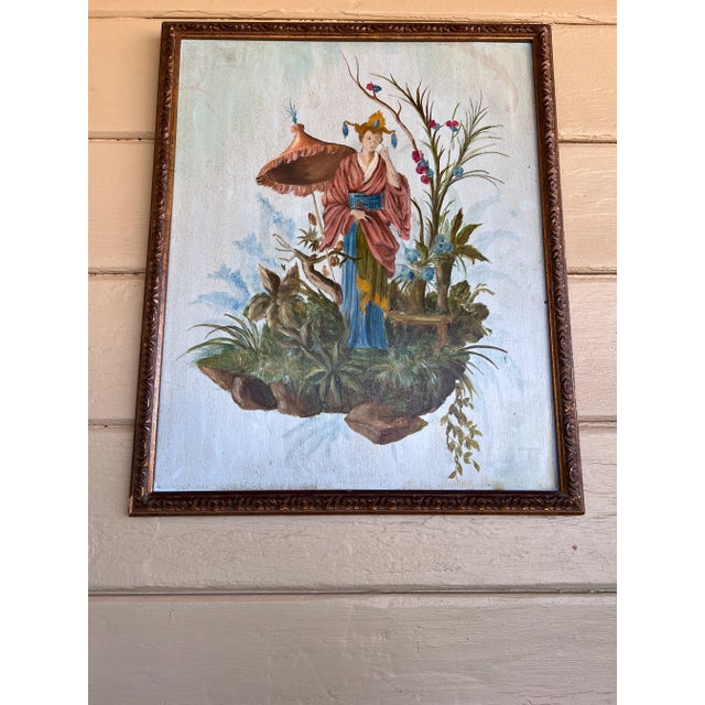 Chinoiserie Chic Style Oil on Wood Painting of Women on the Floating Garden in Gilt Frame For Sale - Image 10 of 10