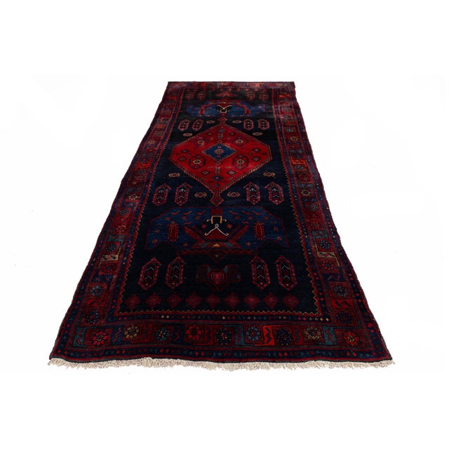 Tribal Vintage Shiraz Hand-Knotted Wool Runner Rug - Deep Crimson & Indigo Tribal Medallion For Sale - Image 3 of 9