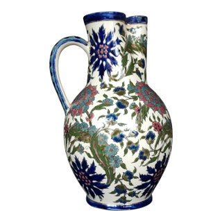 Early 20th Century Persian Zsolnay Pécs Hungarian Ceramic Pitcher With Ottoman Floral Decoration For Sale
