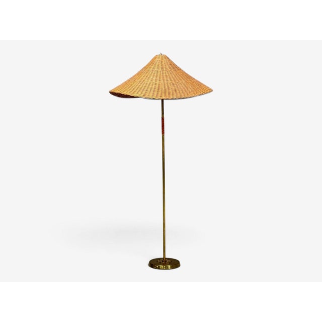 V. Soini Oy, Rare Floor Lamp, Brass, Leather, Rattan, Finland, 1950s For Sale - Image 12 of 13