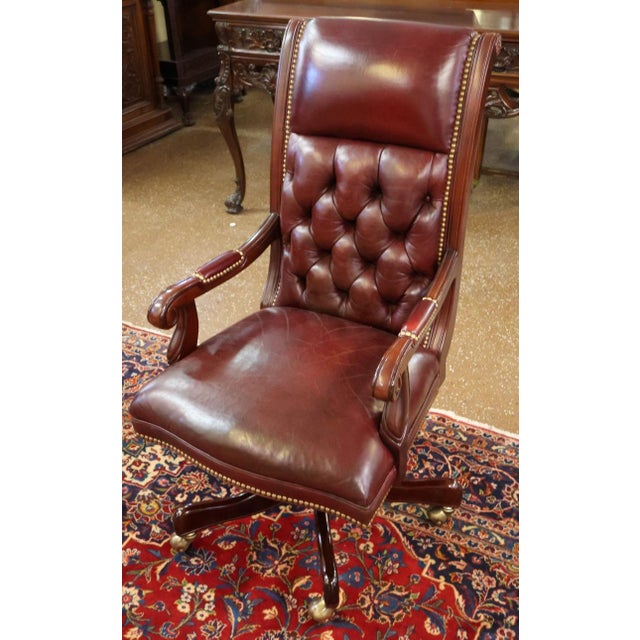 English Hancock and Moore Tufted Oxblood Red Leather Adjustable Office Desk Chair For Sale - Image 3 of 10