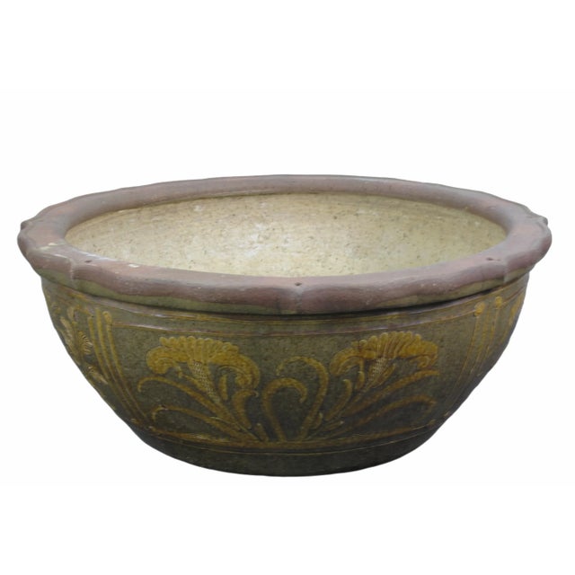 Chinese Large Vintage Glazed Earthenware Planter With Hand Painted Mystic Birds and Plants For Sale - Image 3 of 8