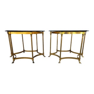 Vintage Labarge Side Tables Brass Glass Hoof Footed Octagonal Pair For Sale