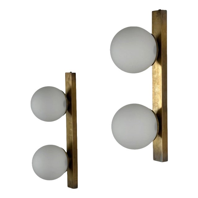 Stilnovo Brass and Opaline Glass Double Sconces, Italy, 1960s, Set of 2 For Sale