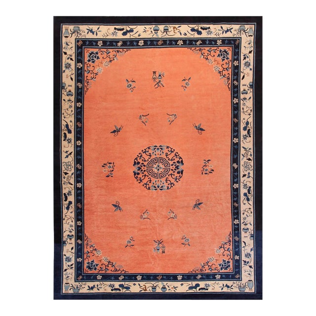 1880s Orange Salmon Medallion Antique Chinese Peking Carpet 11' X 15'6'' Handknotted Wool Rug For Sale