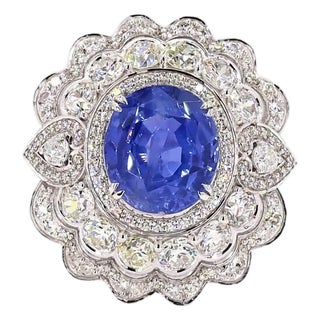 2.58 Carat Old European Cut Diamond Blue Sapphire Gold Ring, Size 6.5 For Sale