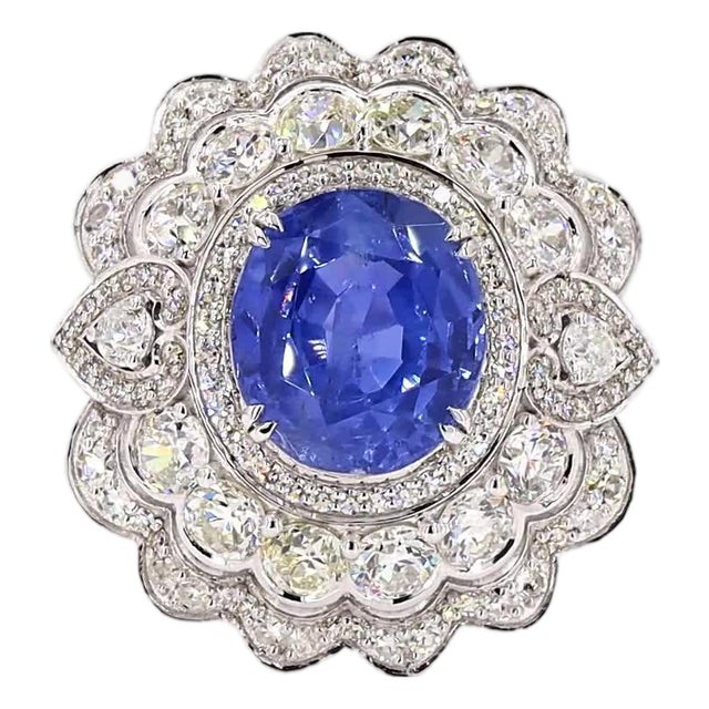 2.58 Carat Old European Cut Diamond Blue Sapphire Gold Ring, Size 6.5 For Sale