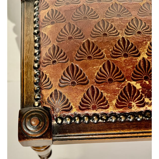 Antique English Hardwood Footstool, Aesthetic Movement Embossed Leather Circa 1880 For Sale - Image 12 of 13