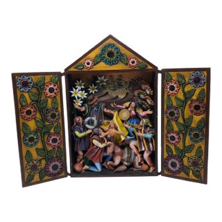 1990s Peruvian Andean Nativity Retablo Handcrafted Ayacucho Folk Art Shrine Colorful For Sale