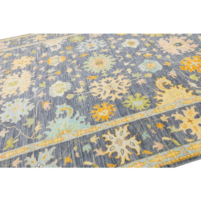 Textile Modern Hand-Knotted Oushak Style Wool Rug in Slate Blue, Ochre & Pastel Accents For Sale - Image 7 of 11