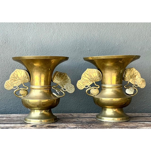 Mid-Century Modern Vintage Brass Ginko Motif Vases - A Pair For Sale - Image 3 of 16