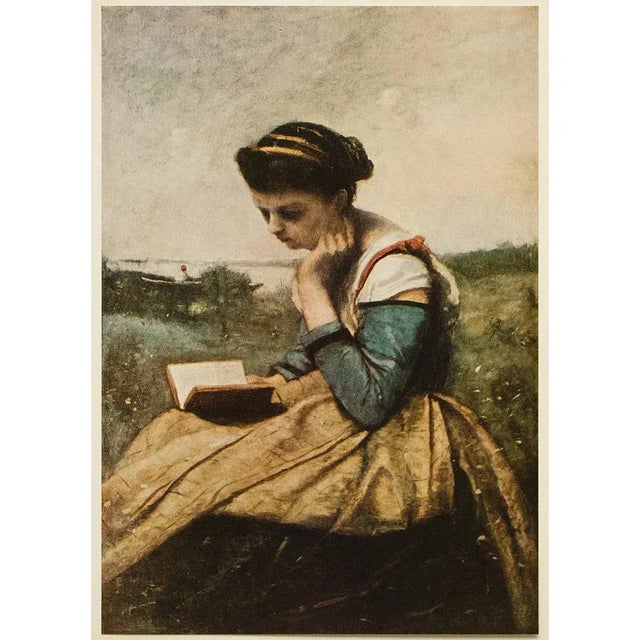 Royal Blue 1955 After Jean Baptiste Camille Corot "Woman Reading", Vintage Full-Color Print For Sale - Image 8 of 8