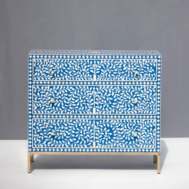 Arabesque Bone Inlay Three-Drawer Dresser - Blue by House of Jaipur For Sale - Image 4 of 6