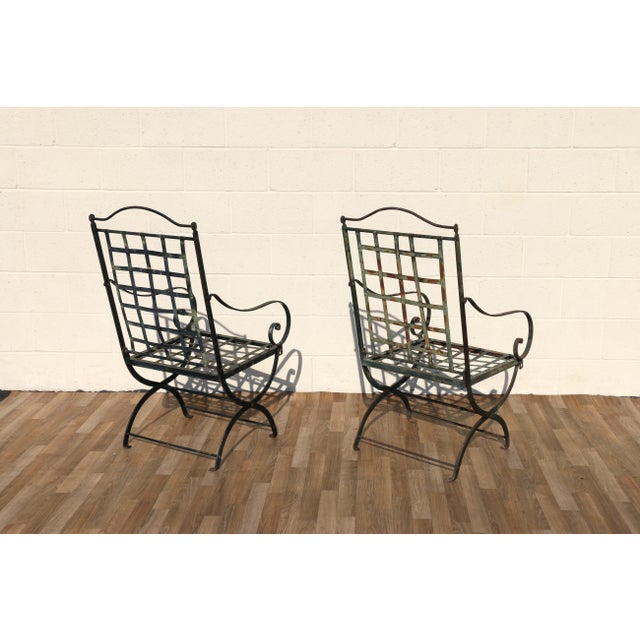 Vintage Pair of 1970s Hervé Baume French Wrought Iron Folding Patio Chairs With Rustic Patina | Outdoor Garden Armchairs For Sale - Image 4 of 18