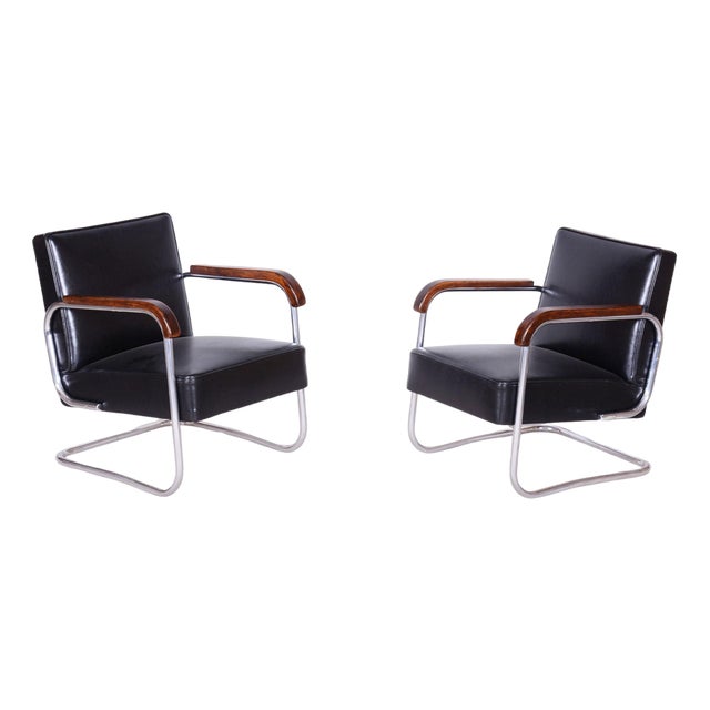 Set of Bauhaus Leather & Beech Armchairs, 1930s For Sale