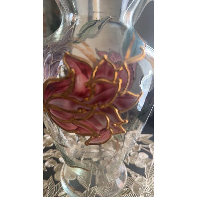 Vintage Hand-Painted Enamel Glass Pitcher | Bohemian Art Glass | Art Nouveau Floral Vase | Raised Gold Gilt | 10” For Sale - Image 4 of 5