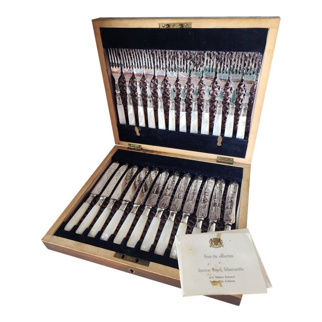 1880's Mother of Pearl Fruit Knife and Fork Set - 24pcs with Wooden Box For Sale