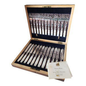 1880's Mother of Pearl Fruit Knife and Fork Set - 24pcs with Wooden Box