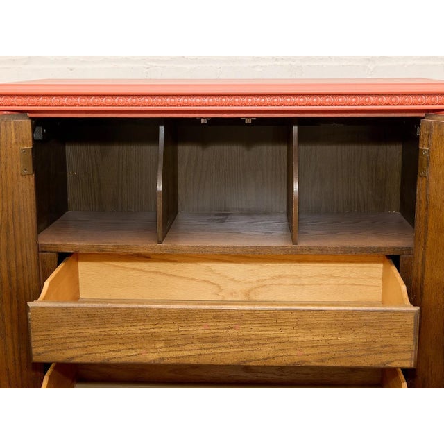 Mid-Century Modern Vintage Red Armoire With Ornate Gold Hardware For Sale - Image 3 of 12