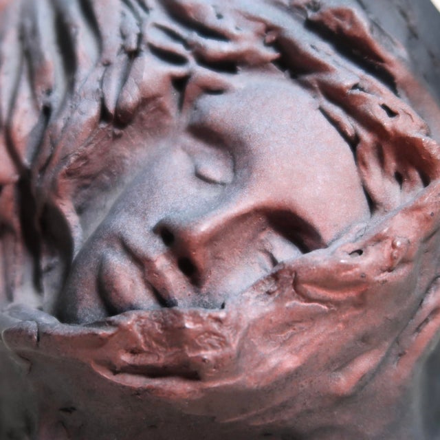 Handmade Figurative Ceramic Surreal Veiled Detailed Face Bust Sculpture in Charcoal and & Mauve Glaze For Sale - Image 9 of 17
