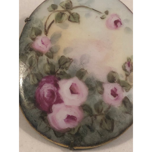 Metal Antique Victorian Porcelain Brooch With Pink Roses For Sale - Image 7 of 7