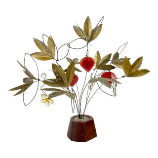 Mid Century Modern Brutalist Metal With Jewels Flower Sculpture on Walnut Base For Sale