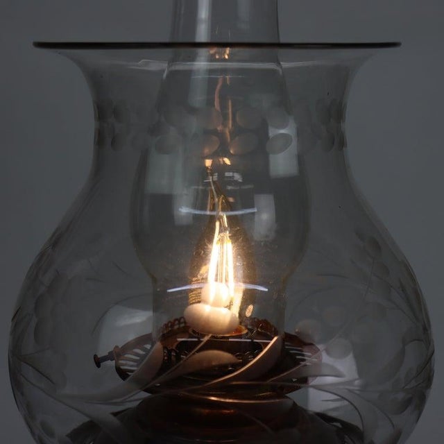 1900s Oversized Antique Brass, Crystal & Marble Electrified Astral Lamp Etched Shade For Sale - Image 6 of 9