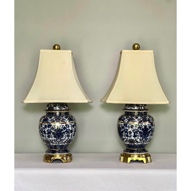 Pair of 1980s Blue and White Ginger Jar Table Lamps With Bronze Mounts and Gilt by Speer For Sale - Image 11 of 12