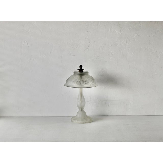 Vintage Lalique Style Art Nouveau Frosted Glass Lamp Floral Relief For Sale In Miami - Image 6 of 13