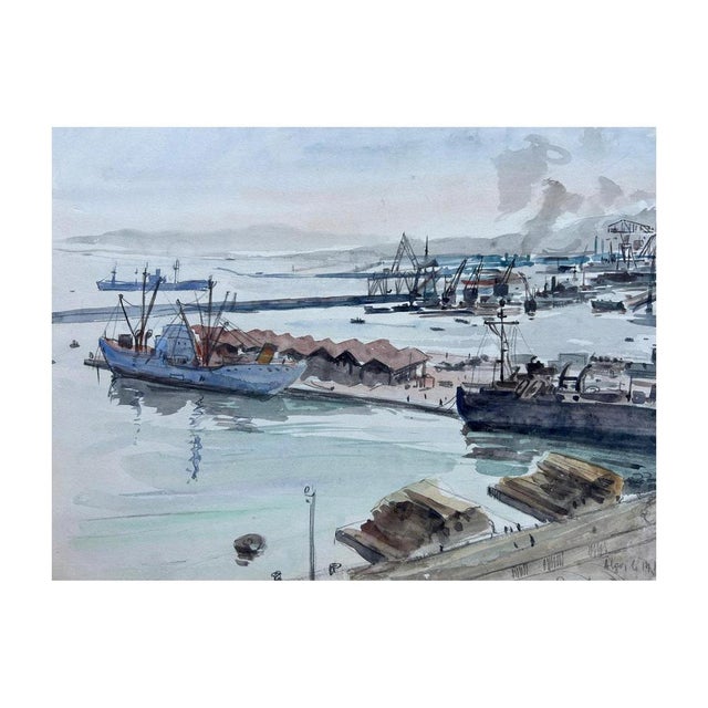 Jean-Eugène Bersier, The Port of Algiers, Watercolor on Mimeographed Paper For Sale - Image 6 of 7