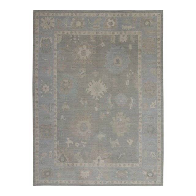 Blue & Gray Handwoven Turkish Oushak Rug 9'3" X 12'1" For Sale