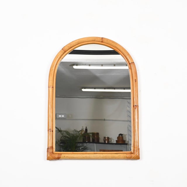 Mid-Century Arch Mirror with Double Bamboo Frame and Rattan Wicker, Italy, 1970s For Sale - Image 9 of 13