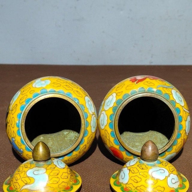 Metal Pair of Vintage Chinese Yellow Cloisonné "Dragon & Phoenix" Ginger Jars - 1310g For Sale - Image 7 of 9