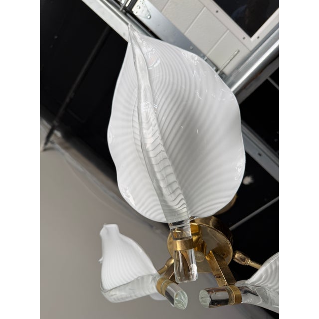 1970s Hollywood Regency Franco Luce Murano Calla Lily Glass & Brass Chandelier, Italy For Sale - Image 12 of 12