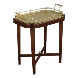 Vintage 1970s Solid Wood & Brass Tray Table | Hollywood Regency Style Serving Table For Sale