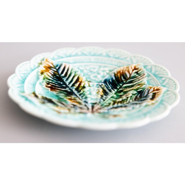 Farmhouse 19th Century Swedish Rörstrand Majolica Turquoise Chestnut Leaf Plate For Sale - Image 3 of 6