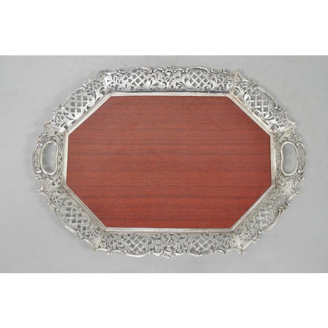 Vintage Victorian Melamine & Silver Plated Faux Wood Bar Liquor Serving Tray For Sale - Image 10 of 10
