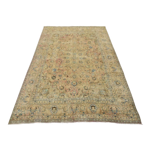 Tabriz Rug 7’11” X 10’8” Pink Wool Vintage Distressed Hand-Knotted Carpet For Sale