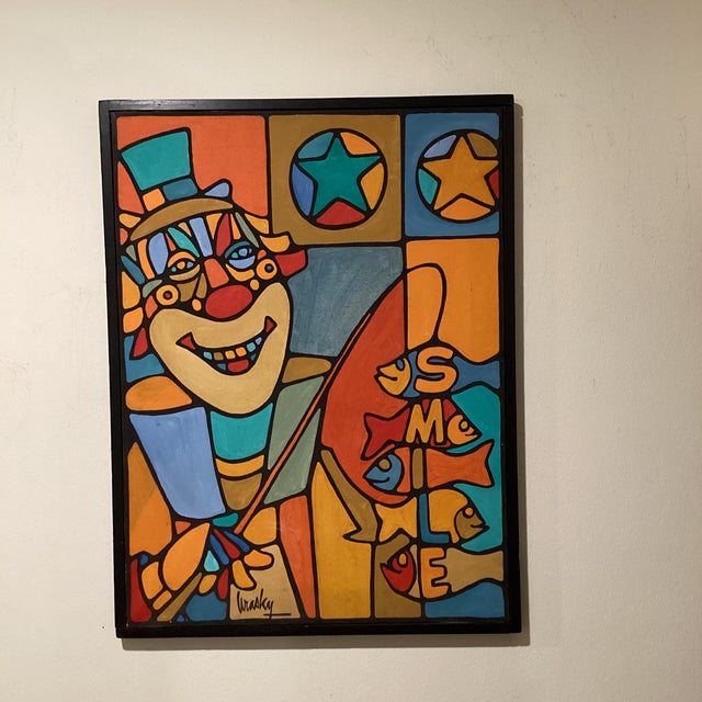 Mid 20th Century Modern Colorful Cubist-Style Framed Painting With Smiling Clown “ Smile “ by Wrasky For Sale - Image 12 of 12