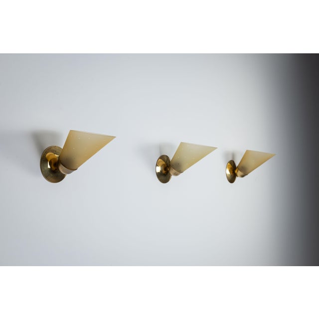 1960s Vintage Brass Sconces with Decorated Yellow Glass Shades, 1960s, Set of 3 For Sale - Image 5 of 18