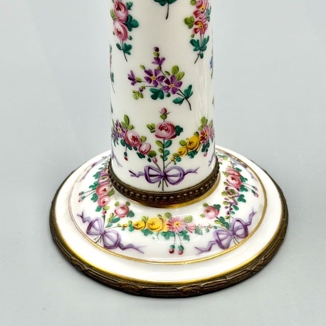 Louis XVI Revival Porcelain Candlesticks with Floral Garlands and Gilt Metal Mounts in the style of Sèvres, 1890s, Set of 2 For Sale - Image 6 of 18