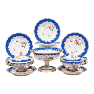 19th Century English Blue Border Porcelain Dessert Service- 16 Pieces