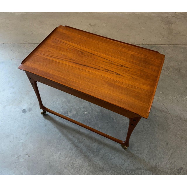 Wood J. Ingvard Jensen Teak Rolling Bar Cart / Tea Cart With Sliding Top Shelf & Hidden Storage For Sale - Image 7 of 8