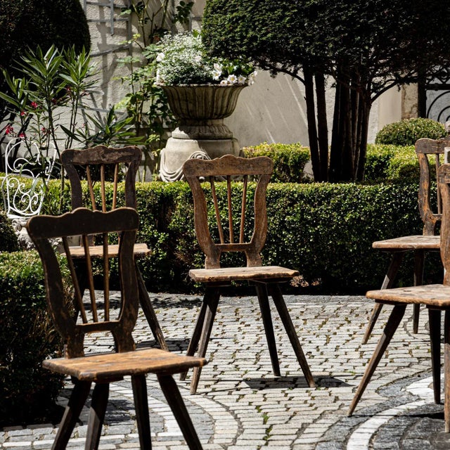Five French farmhouse chairs made of spruce wood in untouched original condition.