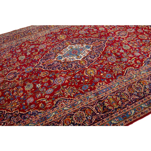 1950s Room Size Vintage Kashan Medallion Wool Rug in Red and Blue For Sale - Image 5 of 10