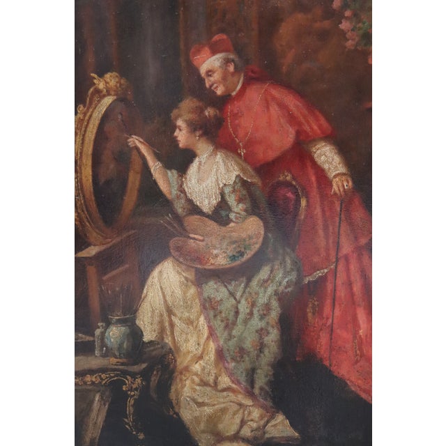 Italian School Artist, Young Woman Painter with Cardinal, Oil Painting on Cardboard, 19th Century, Framed For Sale - Image 16 of 17